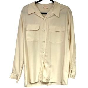 BROOKS BROTHERS Women’s Silk Button Front Shirt Sz 12 Ivory Long Sleeve Pockets